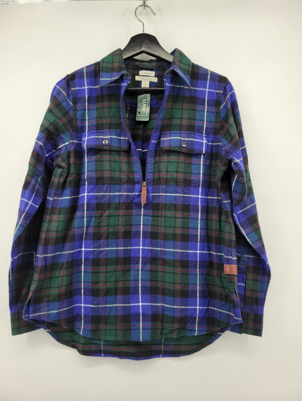 L.L. Bean Women's Scotch Plaid Flannel Shirt, Quarter-Zip Green Blue Size Xs
